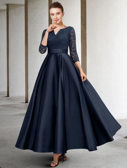 A-Line Mother of the Bride Dress Plus Size Elegant V Neck Ankle Length Satin Lace 3/4 Length Sleeve No with Pleats Ruched