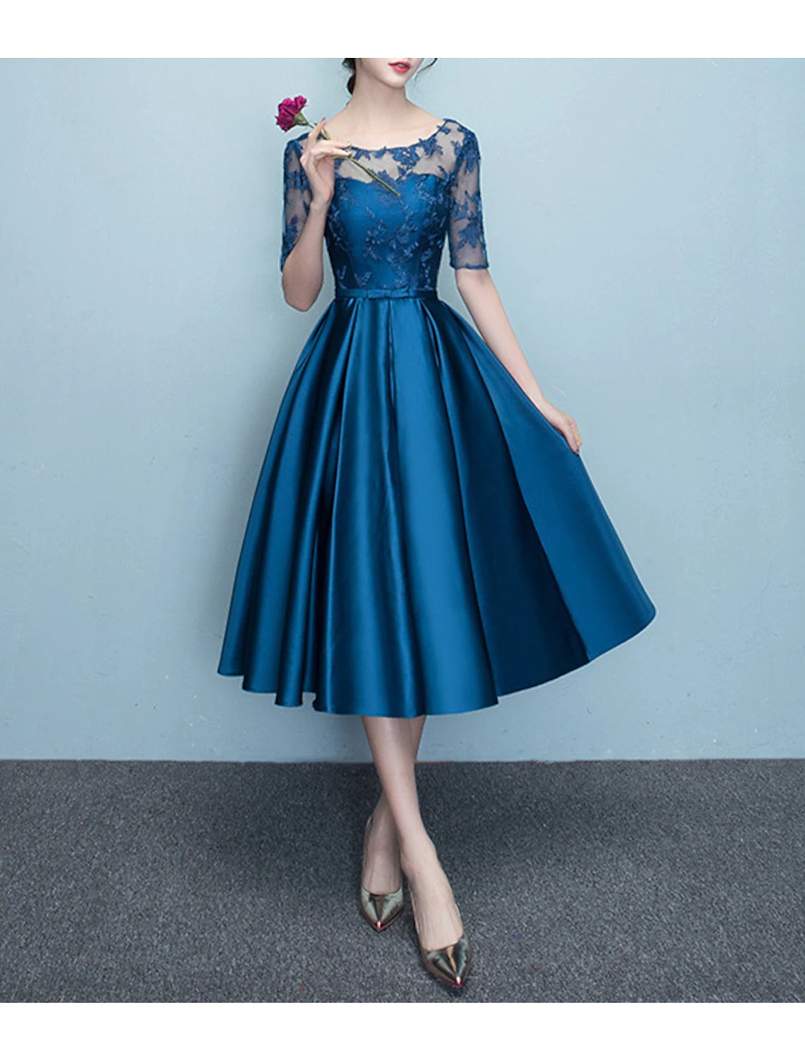 A-Line Mother of the Bride Dress Elegant Vintage Jewel Neck Tea Length Satin Lace Half Sleeve with Bow(s) Pleats