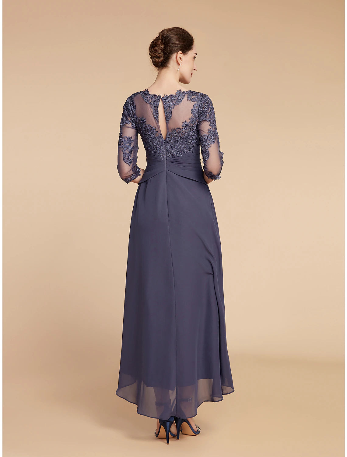 A-Line Mother of the Bride Dress Plus Size Elegant High Low Jewel Neck Asymmetrical Tea Length Chiffon Lace Half Sleeve with Ruched Appliques