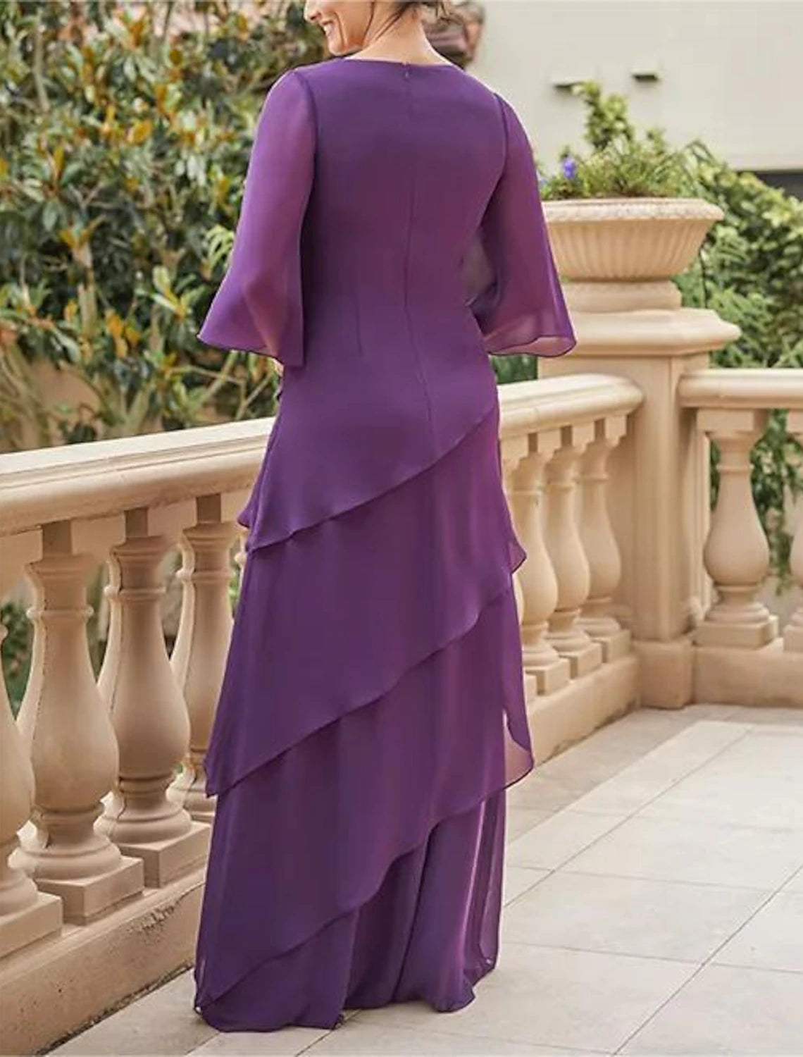 A-Line Mother of the Bride Dress Formal Wedding Guest Elegant V Neck Floor Length Chiffon Half Sleeve with Cascading Ruffles Ruching Solid Color