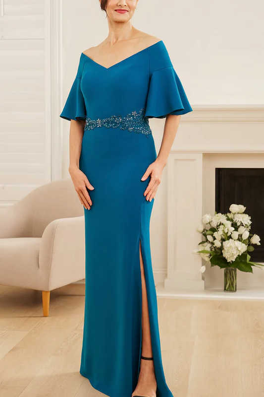 Enchanting Soft Crepe Fit Portrait Collar Soft Round Ruffle Sleeves Mother of the bride Dress