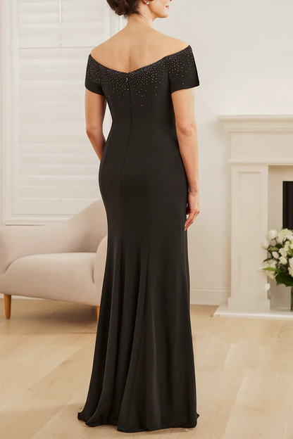 Beautiful Knitted Fit Horn Longitudinal Collar Asymmetric Waist with ruffled hem Mother of the bride dress