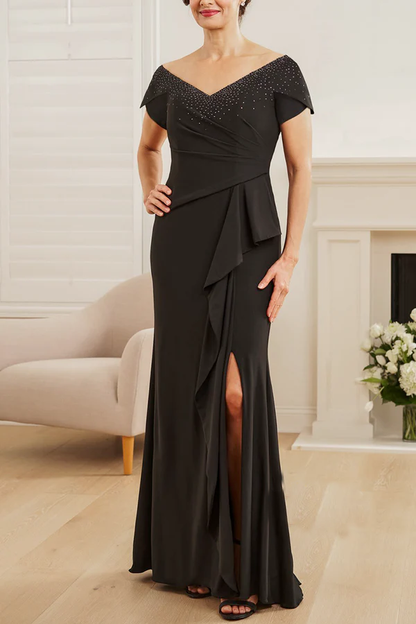 Beautiful Knitted Fit Horn Longitudinal Collar Asymmetric Waist with ruffled hem Mother of the bride dress