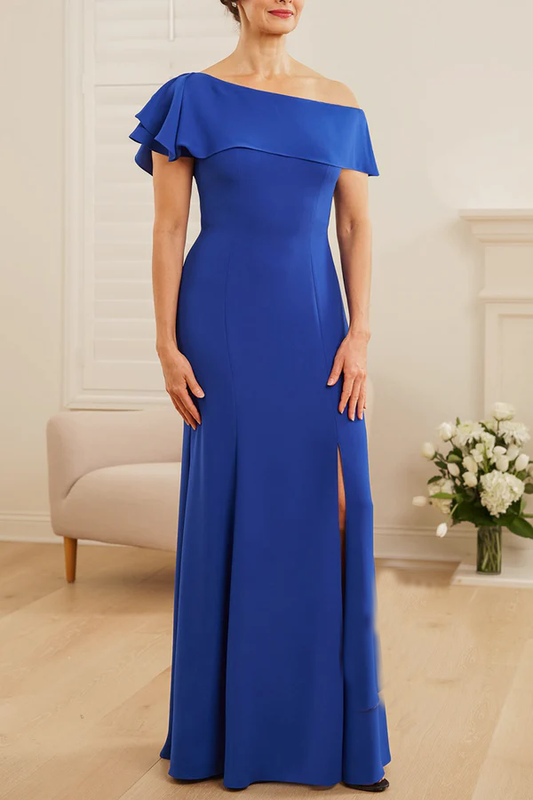 Gorgeous stretch soft crepe fabric fits snugly on one shoulder with lotus leaf edge collar mother of the bride dress