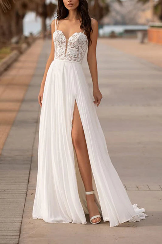 A-line V-neck lace decal side slit bohemian beach wedding dress