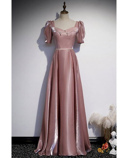 Elegant deep pink satin square neckline pearl fabric waistband short sleeved ball dress deep pink A-line backless and floor length evening dress