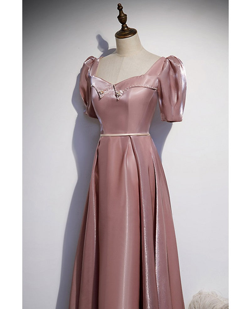 Elegant deep pink satin square neckline pearl fabric waistband short sleeved ball dress deep pink A-line backless and floor length evening dress