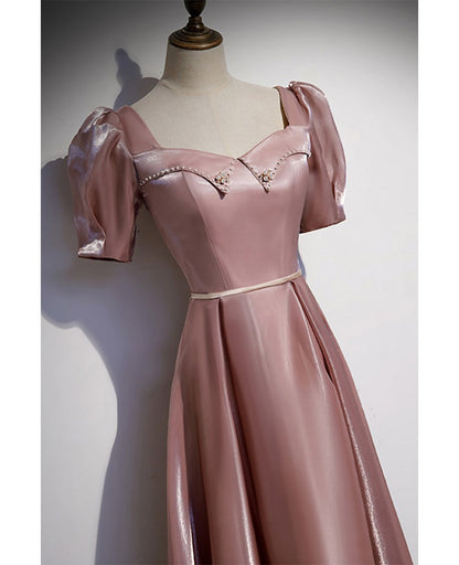 Elegant deep pink satin square neckline pearl fabric waistband short sleeved ball dress deep pink A-line backless and floor length evening dress