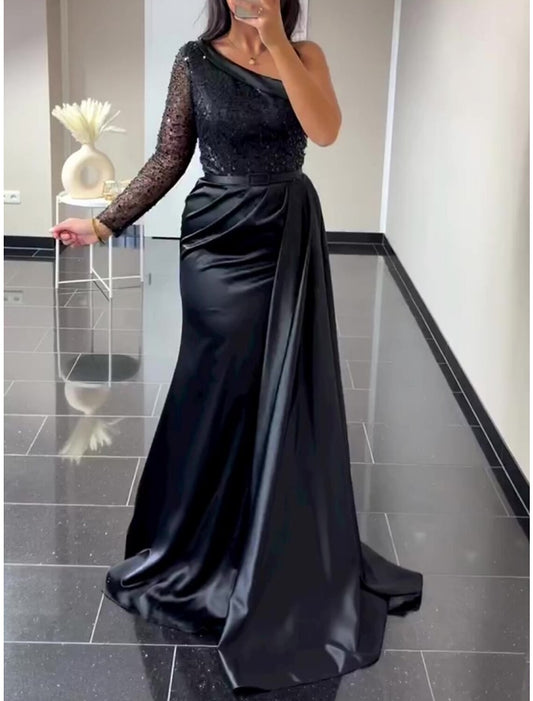 A-Line Evening Gown Elegant Dress Formal Sweep / Brush Train Black Dress Long Sleeve One Shoulder Satin with Pleats Ruched Sequin