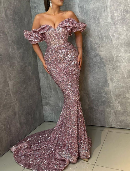 Mermaid / Trumpet Evening Gown Sparkle Dress Formal Christmas Court Train Sleeveless Off Shoulder Sequined with Sequin Ruffles