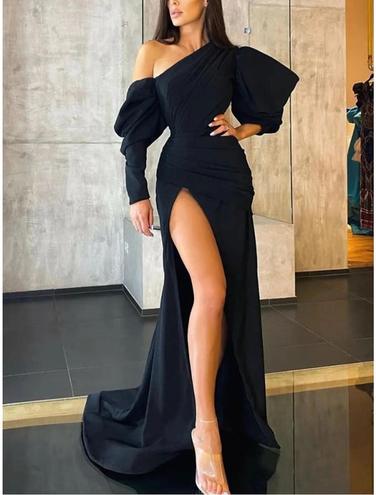 A-Line Evening Gown Elegant Dress Formal Sweep / Brush Train Long Sleeve One Shoulder Satin with Pleats Ruched Slit