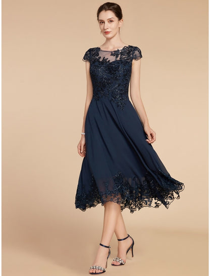 A-Line Mother of the Bride Dress Wedding Guest Elegant Petite Scoop Neck Tea Length Chiffon Lace Cap Sleeve with Sequin Ruching Solid Color