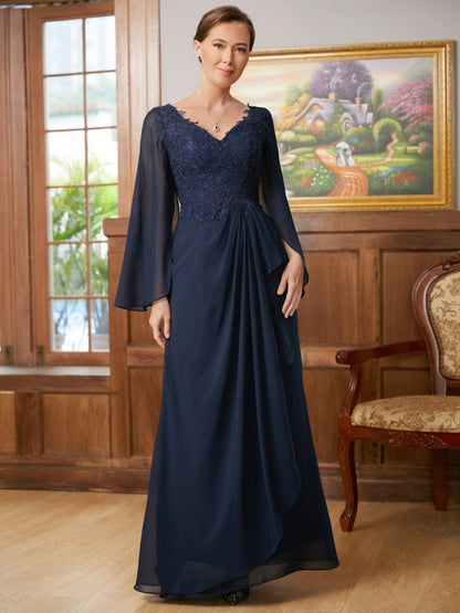 A-Line/Princess Chiffon Applique V-neck Long Sleeves Floor-Length Mother of the Bride Dresses