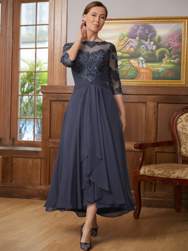 A-Line/Princess Chiffon Applique Scoop 3/4 Sleeves Asymmetrical Mother of the Bride Dresses