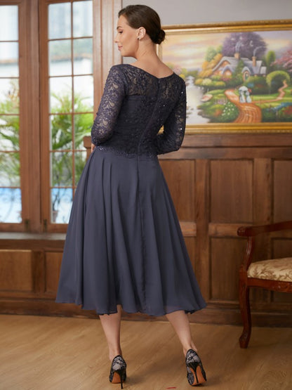 A-Line/Princess Chiffon Lace Scoop 3/4 Sleeves Tea-Length Mother of the Bride Dresses