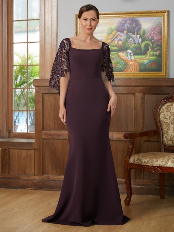 Sheath/Column Stretch Crepe Lace Square 1/2 Sleeves Sweep/Brush Train Mother of the Bride Dresses