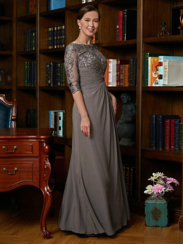 A-Line/Princess Chiffon Applique Scoop 3/4 Sleeves Floor-Length Mother of the Bride Dresses