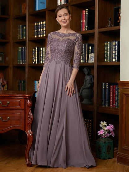 A-Line/Princess Chiffon Lace Scoop 3/4 Sleeves Floor-Length Mother of the Bride Dresses