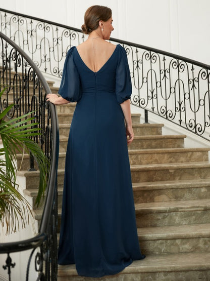 A-Line/Princess Chiffon Ruched V-neck 1/2 Sleeves Floor-Length Mother of the Bride Dresses