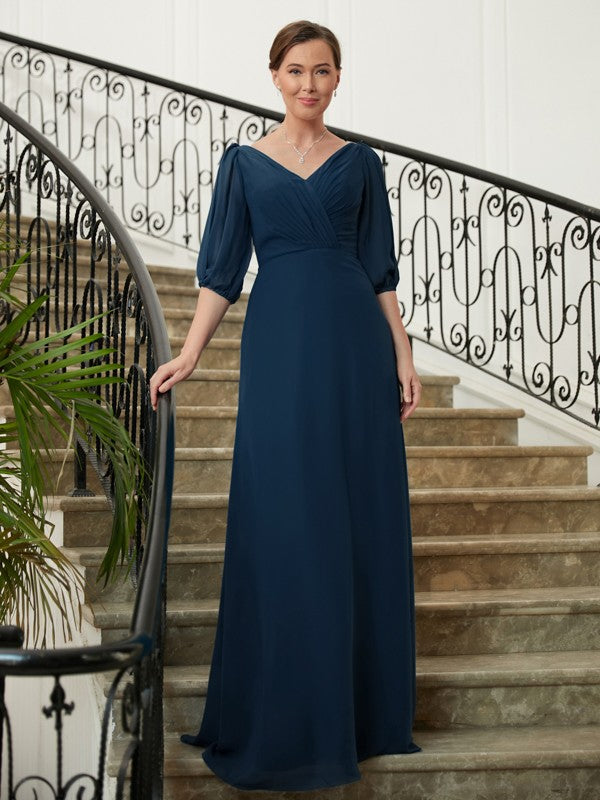 A-Line/Princess Chiffon Ruched V-neck 1/2 Sleeves Floor-Length Mother of the Bride Dresses