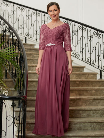 A-Line/Princess Chiffon Lace V-neck 3/4 Sleeves Floor-Length Mother of the Bride Dresses