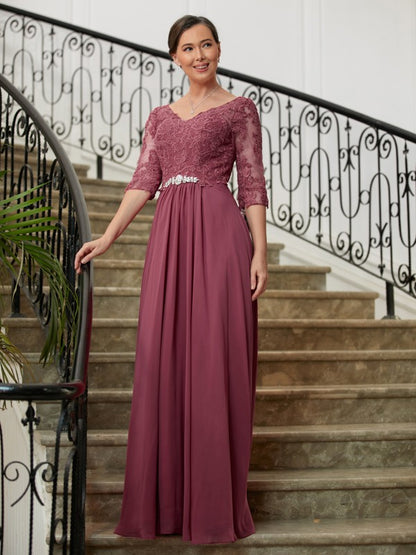 A-Line/Princess Chiffon Lace V-neck 3/4 Sleeves Floor-Length Mother of the Bride Dresses