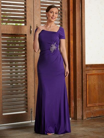 Sheath/Column Jersey Beading Square Short Sleeves Floor-Length Mother of the Bride Dresses