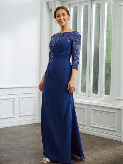 Sheath/Column Chiffon Applique Bateau 3/4 Sleeves Floor-Length Mother of the Bride Dresses