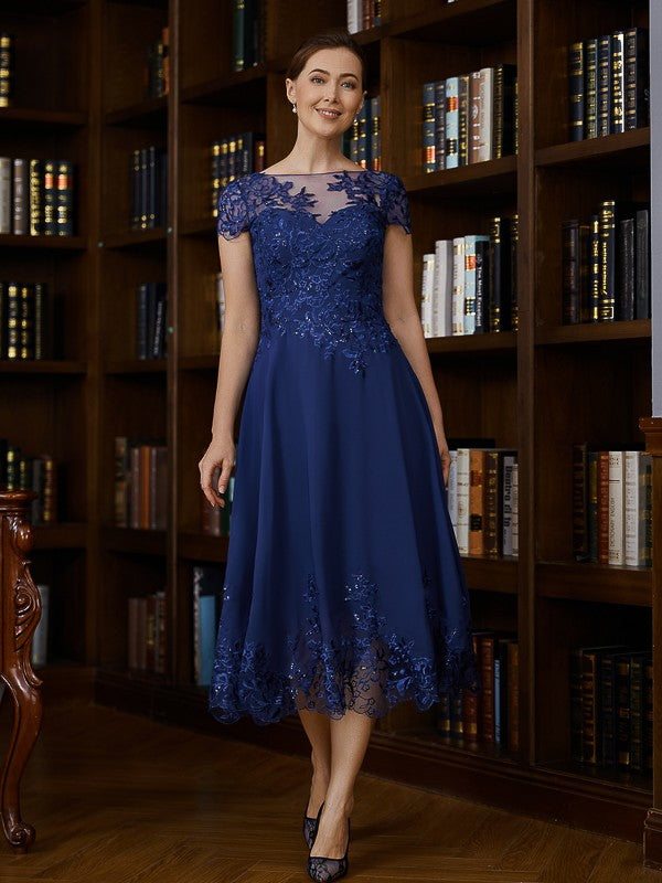 A-Line/Princess Chiffon Applique Bateau Short Sleeves Asymmetrical Mother of the Bride Dresses