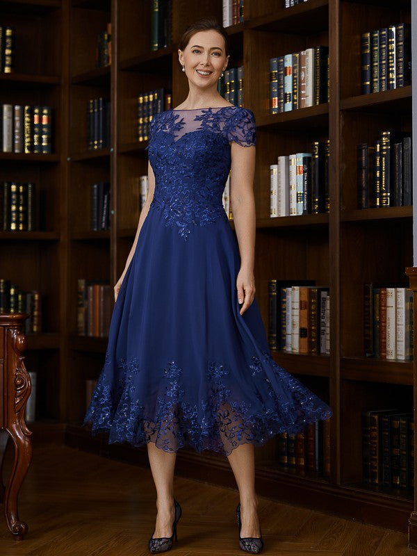 A-Line/Princess Chiffon Applique Bateau Short Sleeves Asymmetrical Mother of the Bride Dresses