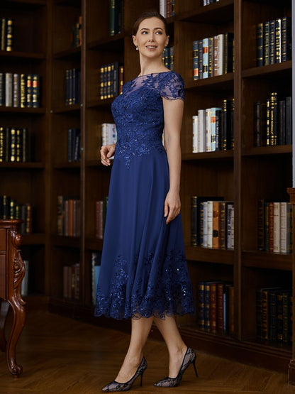 A-Line/Princess Chiffon Applique Bateau Short Sleeves Asymmetrical Mother of the Bride Dresses