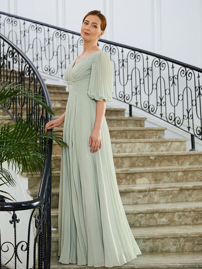 A-Line/Princess Chiffon Ruched V-neck 1/2 Sleeves Floor-Length Mother of the Bride Dresses