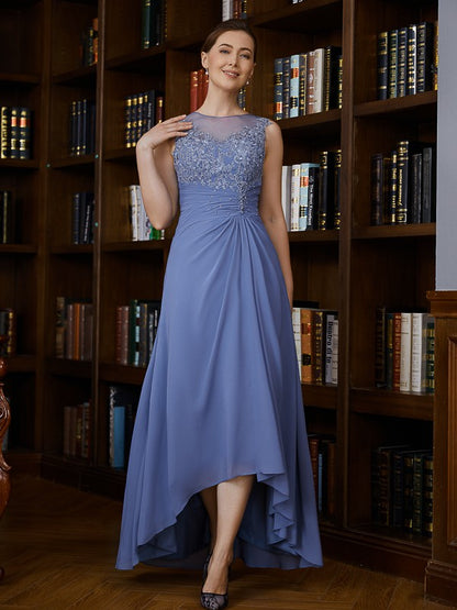 A-Line/Princess Chiffon Applique Scoop Sleeveless Asymmetrical Mother of the Bride Dresses