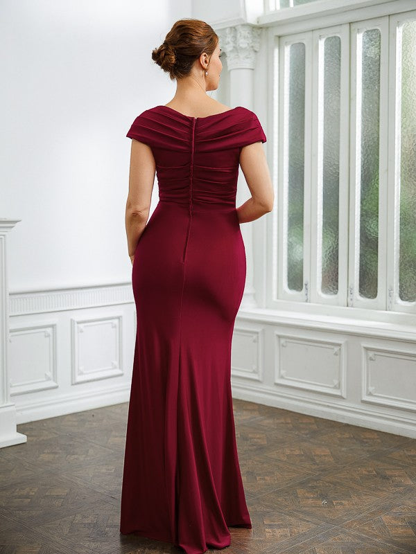 Sheath/Column Jersey Ruched V-neck Short Sleeves Floor-Length Mother of the Bride Dresses