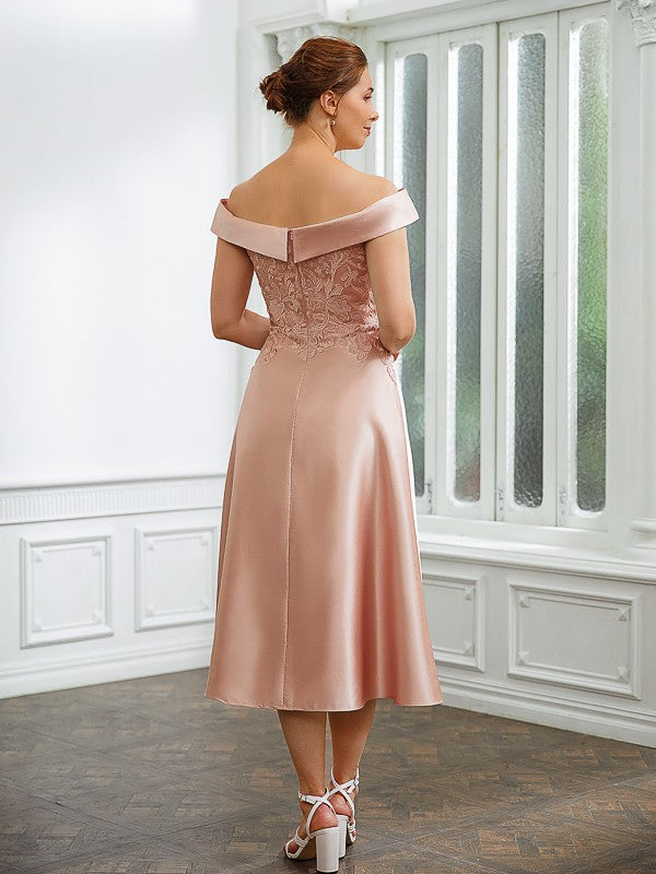 A-Line/Princess Satin Applique Off-the-Shoulder Sleeveless Tea-Length Mother of the Bride Dresses