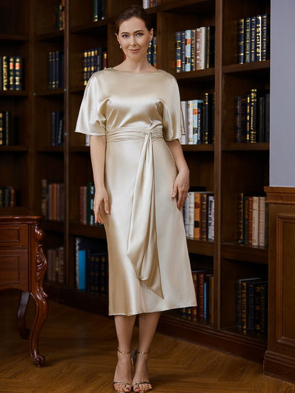 Sheath/Column Elastic Woven Satin Ruched Scoop Short Sleeves Tea-Length Mother of the Bride Dresses