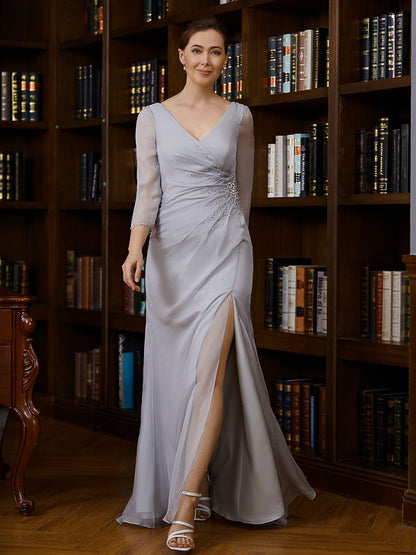 Sheath/Column 30D Chiffon Beading V-neck 3/4 Sleeves Floor-Length Mother of the Bride Dresses