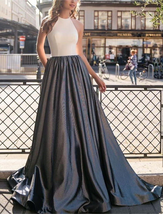 A-Line Evening Gown Color Block Dress Wedding Prom Floor Length Sleeveless Stand Collar Stretch Chiffon with Glitter