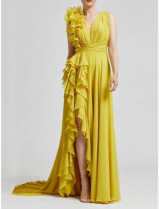 A-Line Evening Gown Elegant Dress Formal Sweep / Brush Train Sleeveless V Neck Chiffon with Pleats Ruched Ruffles