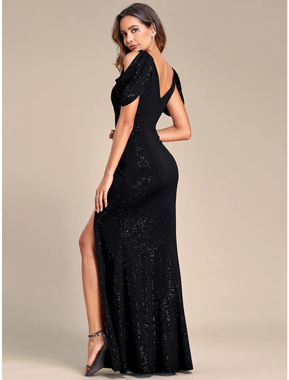 Mermaid Wedding Guest Dresses Sparkle Black Dress Formal Wedding Floor Length Short Sleeve V Neck Lace with Sequin Slit