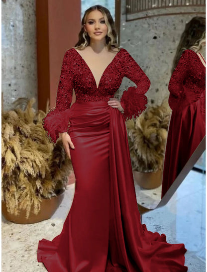 Mermaid / Trumpet Evening Gown Elegant Dress Formal Wedding Court Train Long Sleeve V Neck Satin with Feather Glitter Ruched