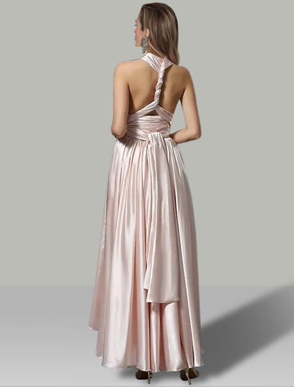 A-Line Wedding Guest Dresses High Low Dress Summer Garden Party Asymmetrical Sleeveless V Neck Convertible Satin with Ruched