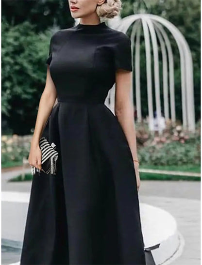 A-Line Wedding Guest Dresses Minimalist Dress Party Dress Wedding Party Tea Length Short Sleeve High Neck Stretch Satin with Pleats Pure Color