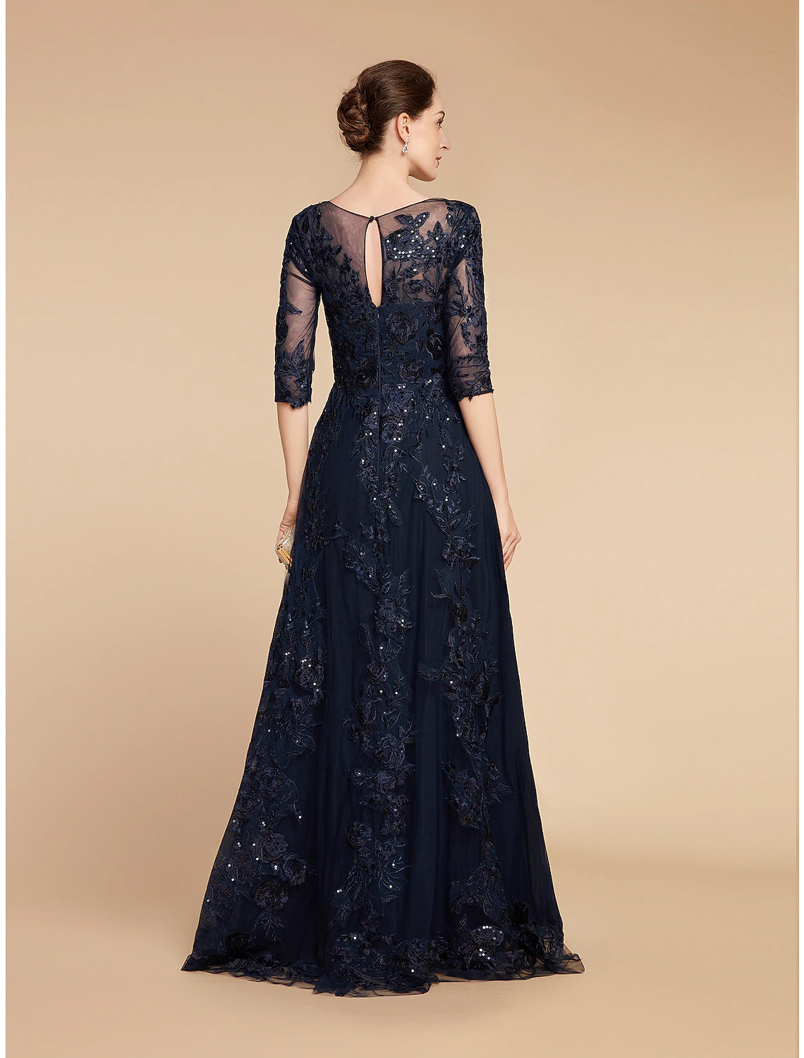 A-Line Mother of the Bride Dress Formal Wedding Guest Elegant Party Scoop Neck Floor Length Chiffon Lace 3/4 Length Sleeve with Sequin Appliques