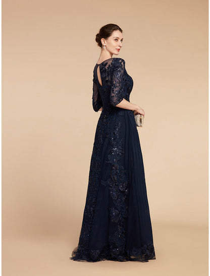 A-Line Mother of the Bride Dress Formal Wedding Guest Elegant Party Scoop Neck Floor Length Chiffon Lace 3/4 Length Sleeve with Sequin Appliques