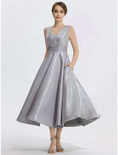 A-Line Cocktail Dresses Elegant Dress Formal Wedding Guest Tea Length Sleeveless V Neck Satin with Pocket