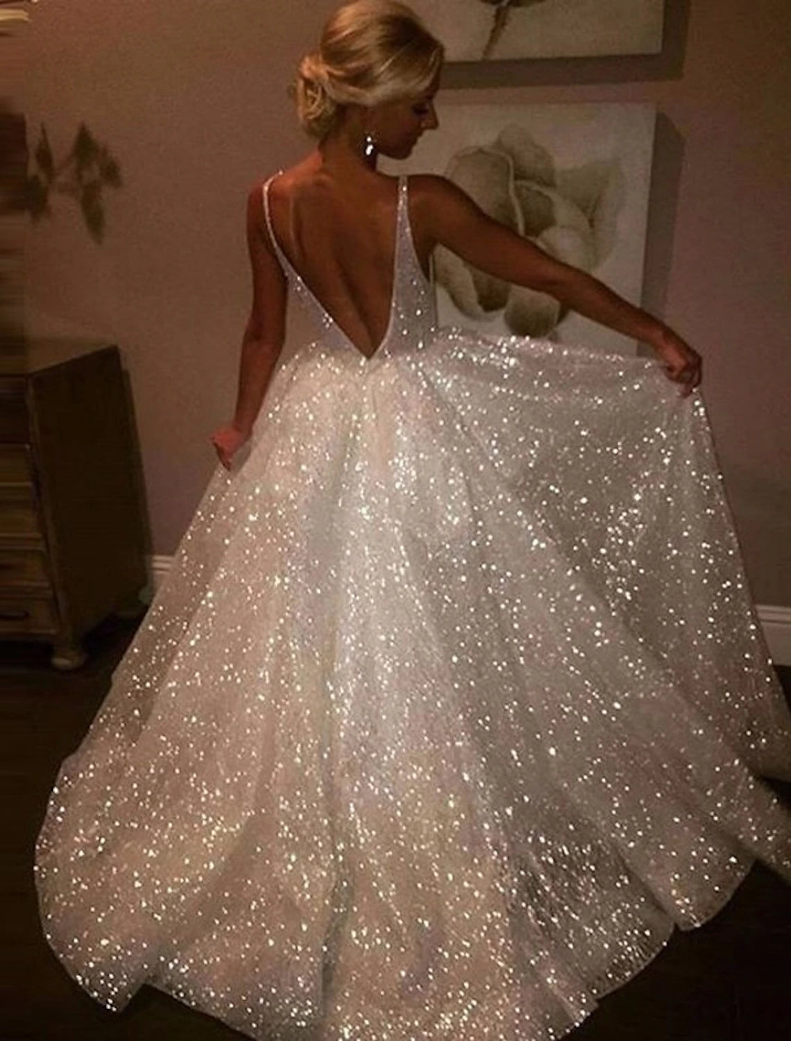 Ball Gown Evening Gown Glittering Dress Wedding Wedding Guest Floor Length Sleeveless V Neck Fall Wedding Reception Tulle with Ruched