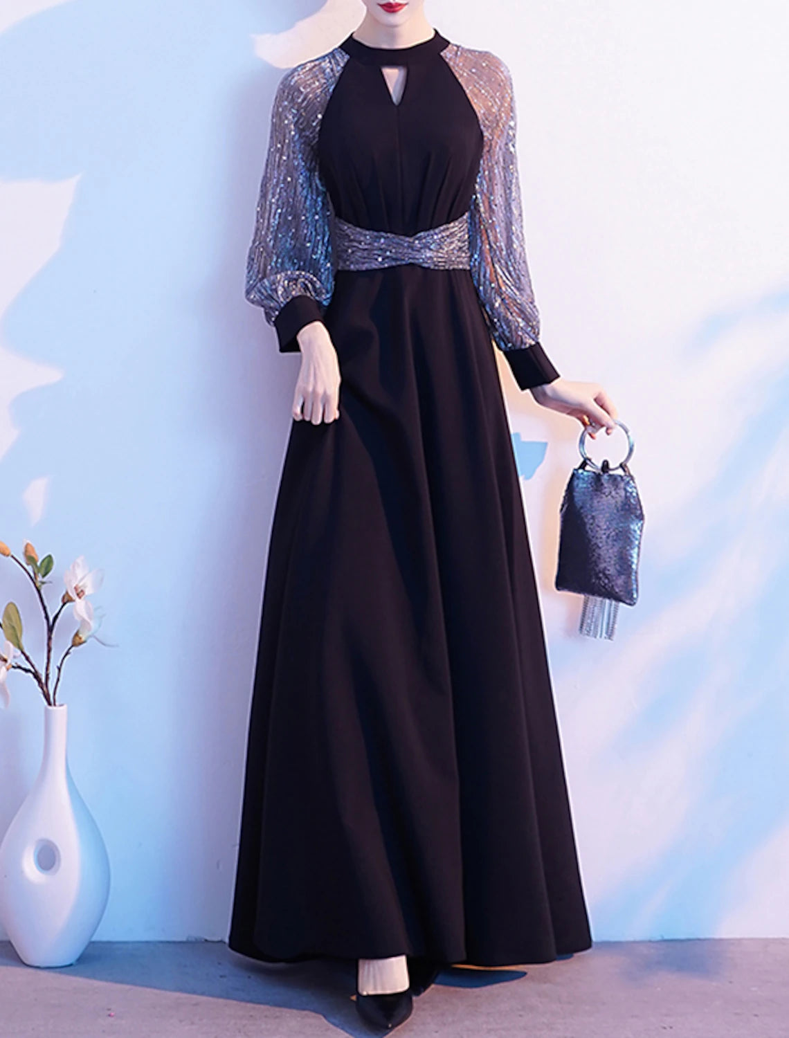 A-Line Evening Gown Elegant Dress Wedding Guest Formal Evening Floor Length Long Sleeve Halter Neck Spandex with Sash / Ribbon