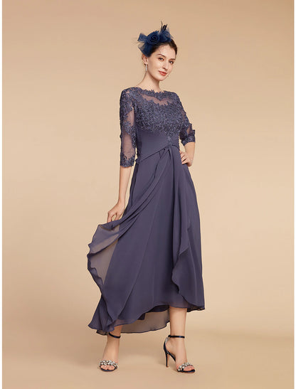 A-Line Mother of the Bride Dress Plus Size Elegant High Low Jewel Neck Asymmetrical Tea Length Chiffon Lace Half Sleeve with Ruched Appliques