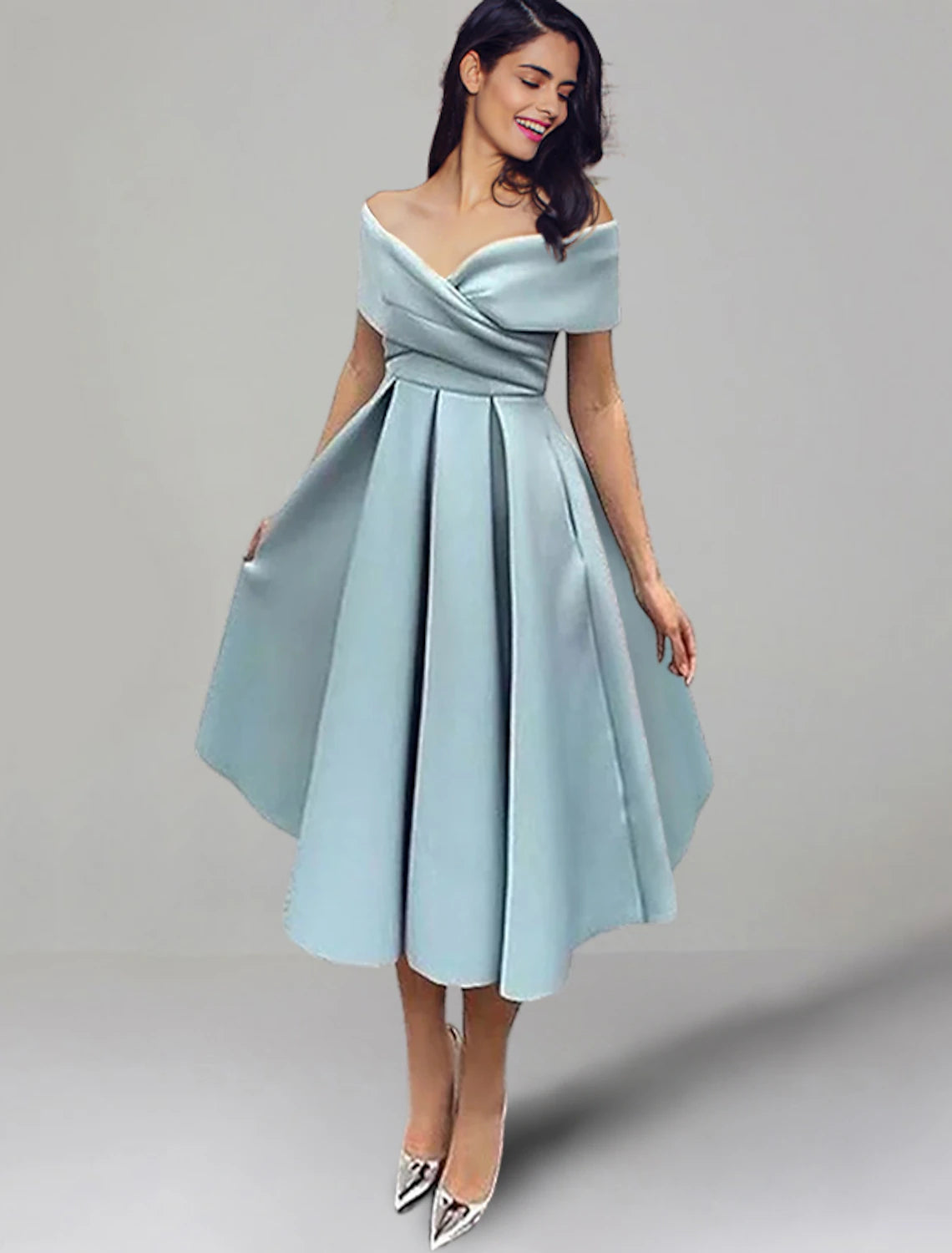 A-Line Wedding Guest Party Dress Vintage Dress Summer Semi Formal Tea Length Sleeveless Off Shoulder Satin with Ruched